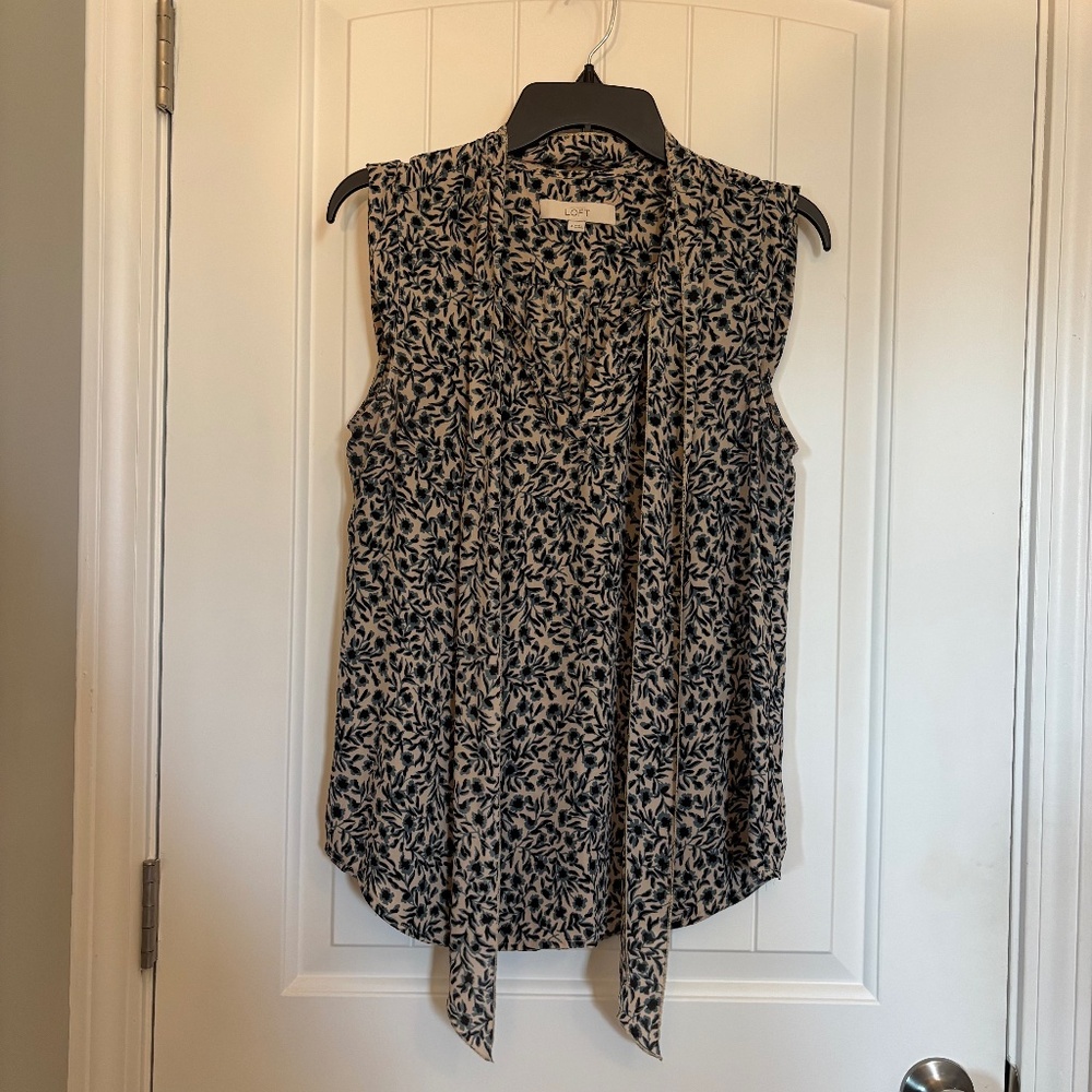 LOFT Navy and Cream Tie-Neck Sleeveless Blouse